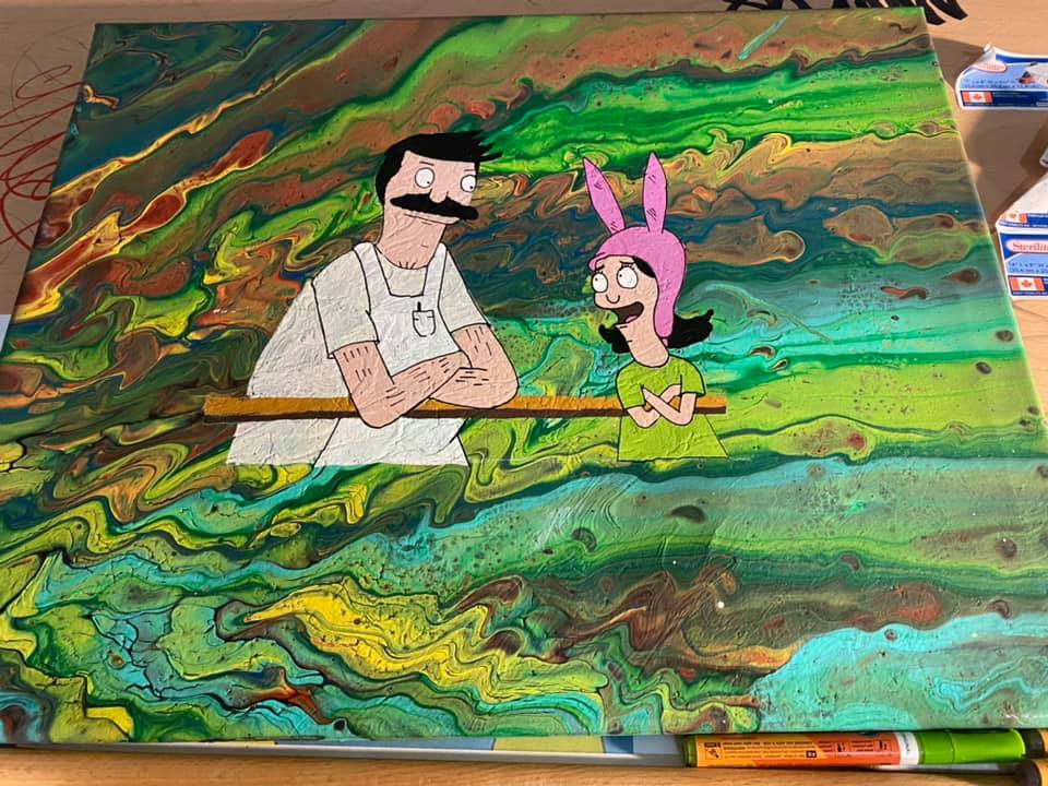 Bob and Louise Belcher painting on pour paint background