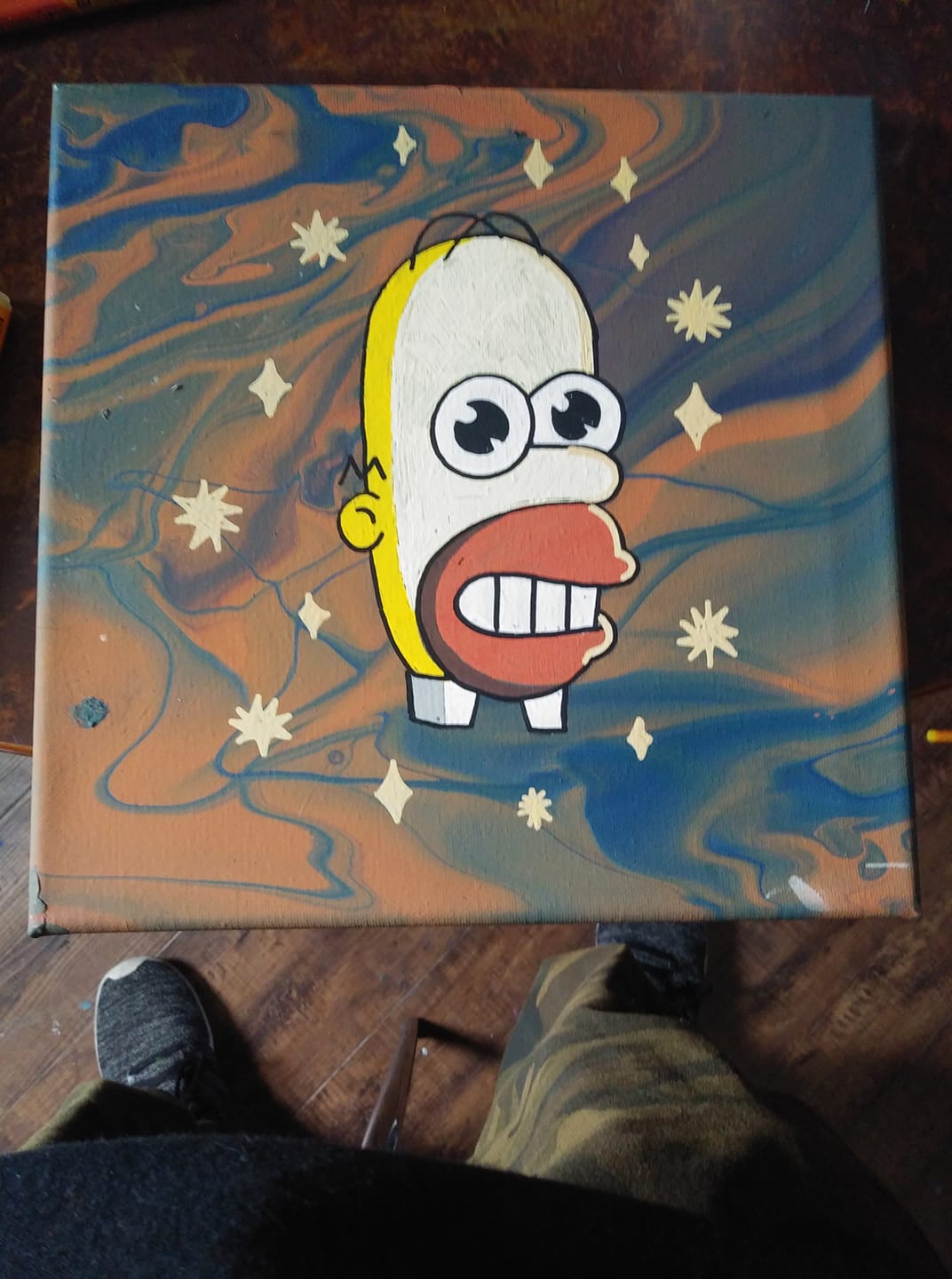 Anime-style Homer Simpson painting on pour paint background