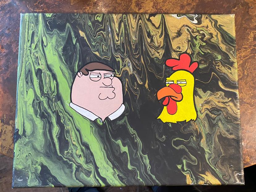 Peter Griffin and Chicken painting on dark pour paint background