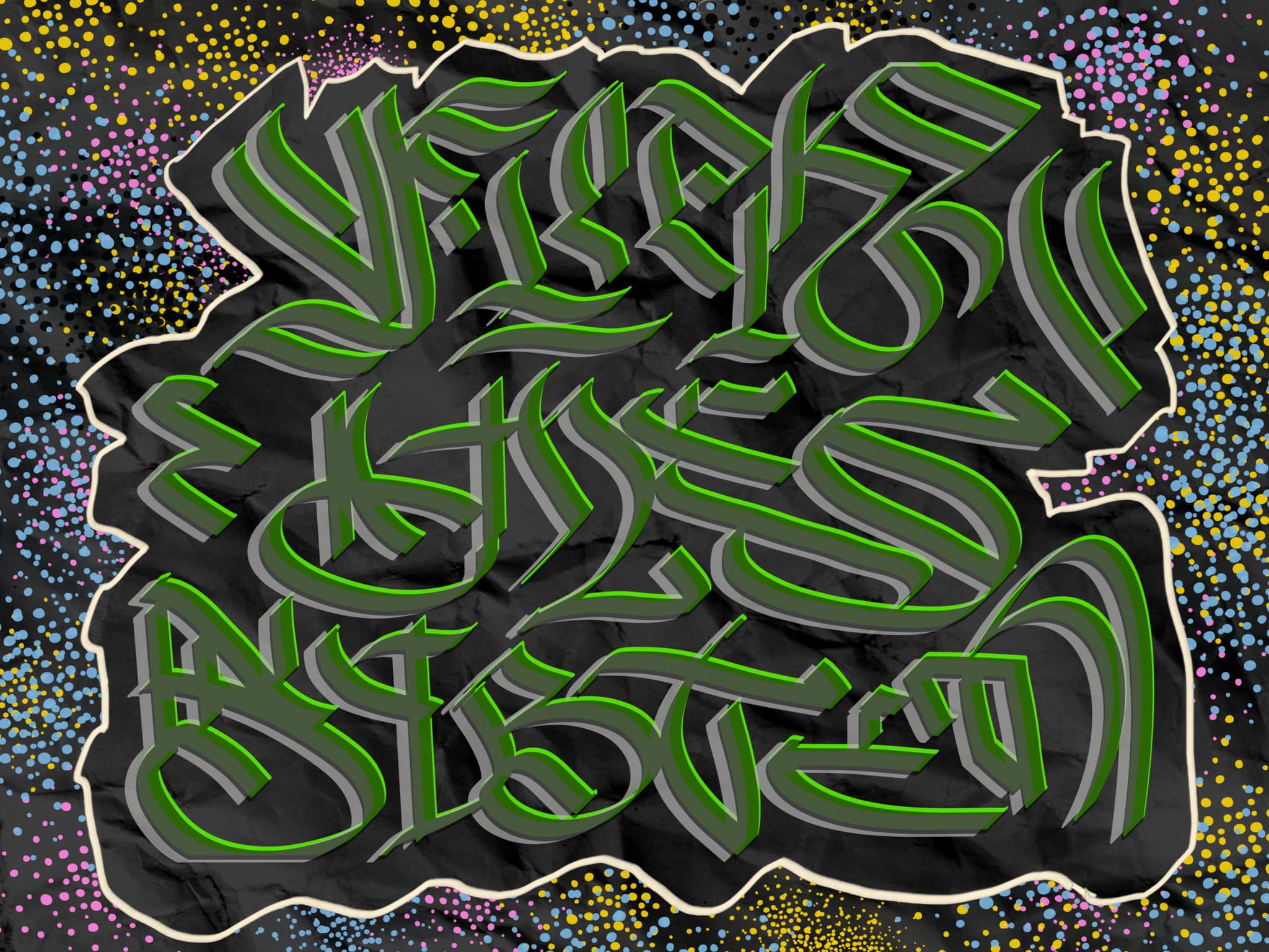 Digital graffiti calligraphy piece in green and gray