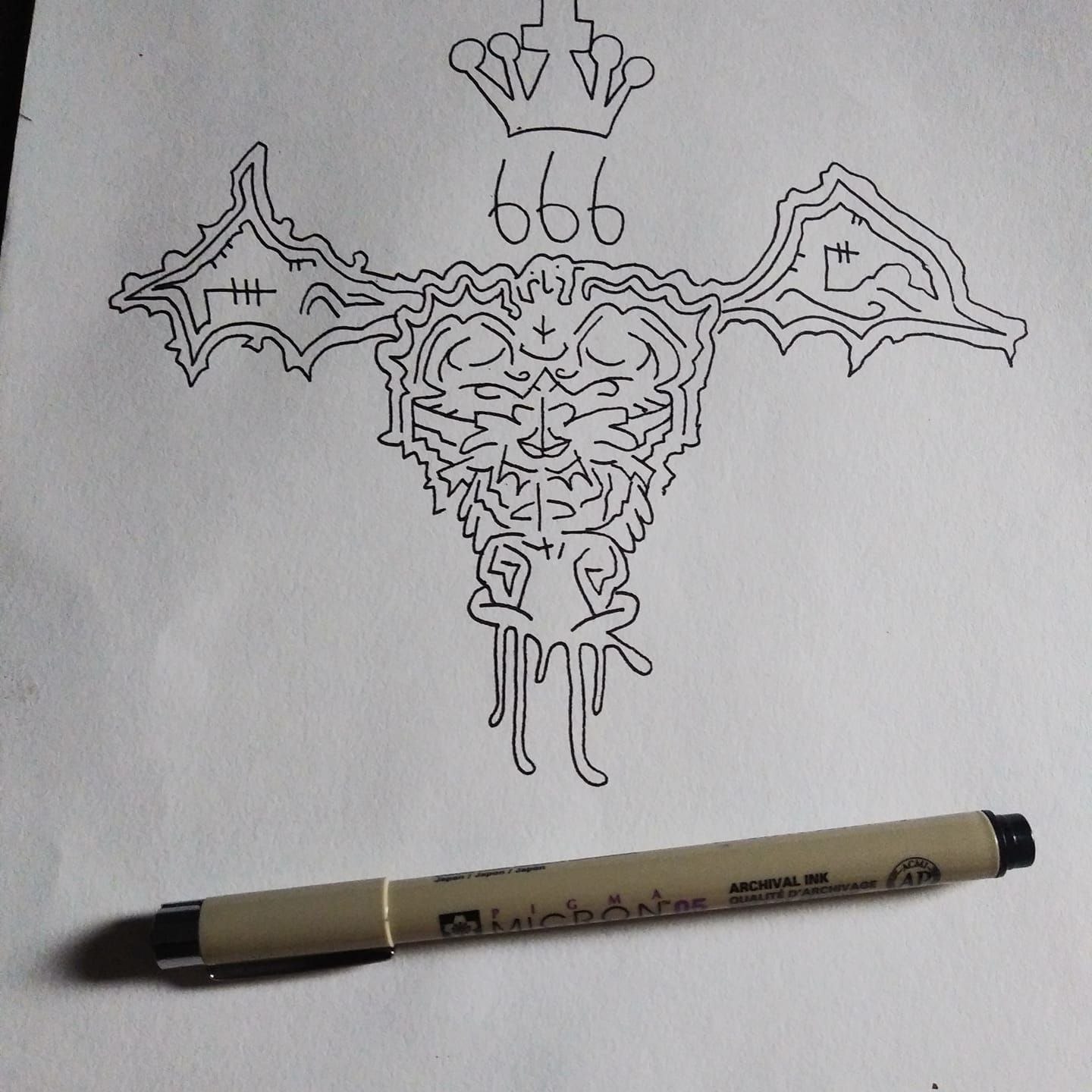 Ink drawing of crowned skull bat with 666
