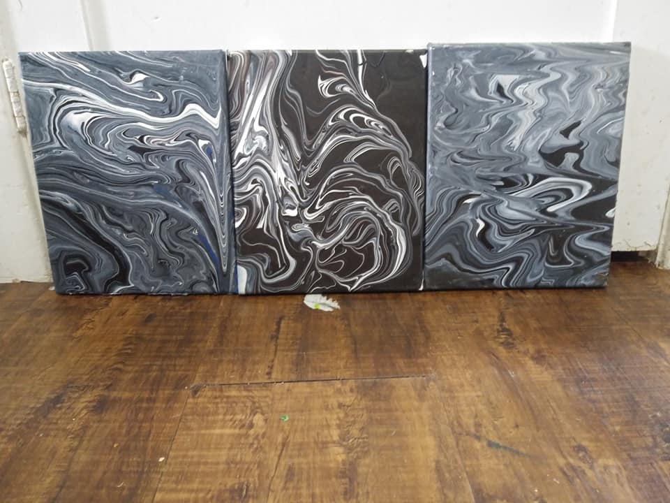 Black and silver pour painting triptych