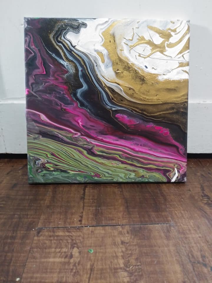 Pink gold and green abstract pour painting