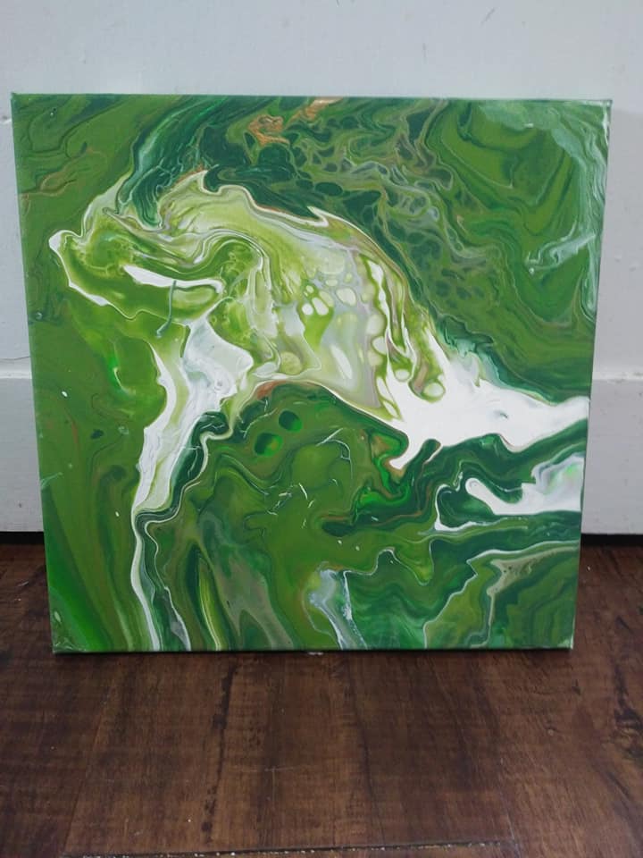 Green and white abstract pour painting