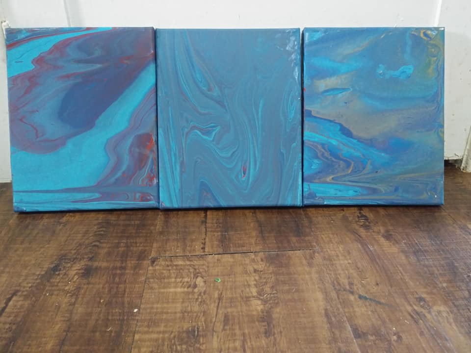 Blue and turquoise pour painting triptych