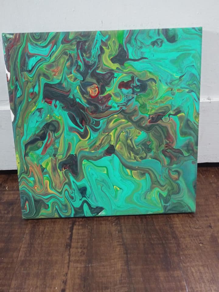 Deep teal and green abstract pour painting